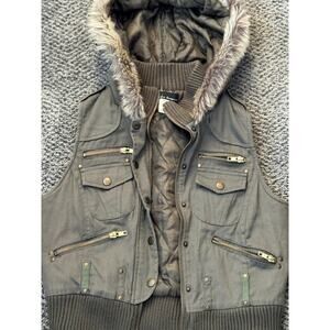 Urban Behavior Olive Green Utility Vest Faux Fur with Hood‎ - Size S